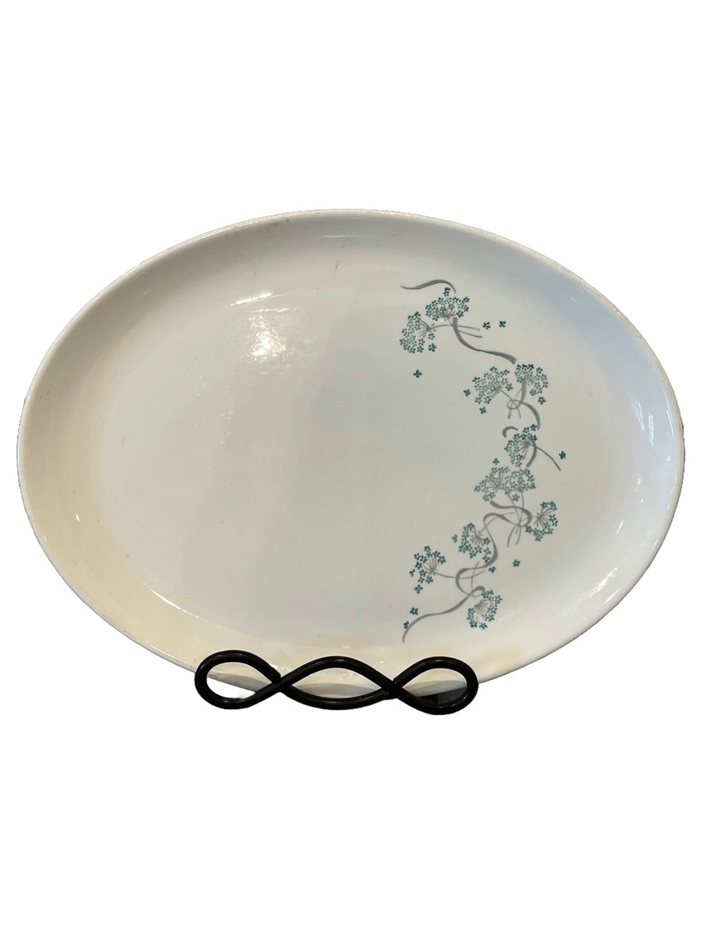 Stetson Cream Oval Serving Platter with Teal Floral Vine